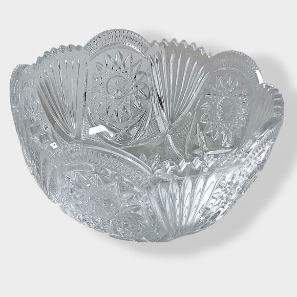 Vntg Unmarked Hobstar & Fan 8” Cut Glass Crystal Bowl ABP Collectable Brilliant - Picture 2 of 16